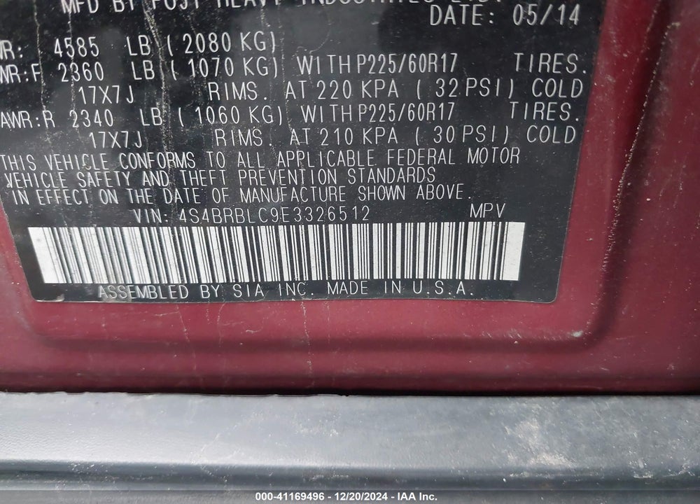 2014 SUBARU OUTBACK 2.5I LIMITED VIN: 4S4BRBLC9E3326512