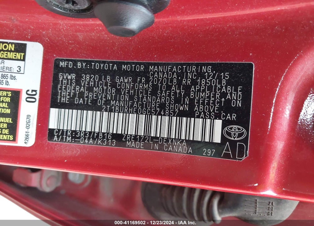 2013 TOYOTA COROLLA VIN: 2T1BURHE0GC574857