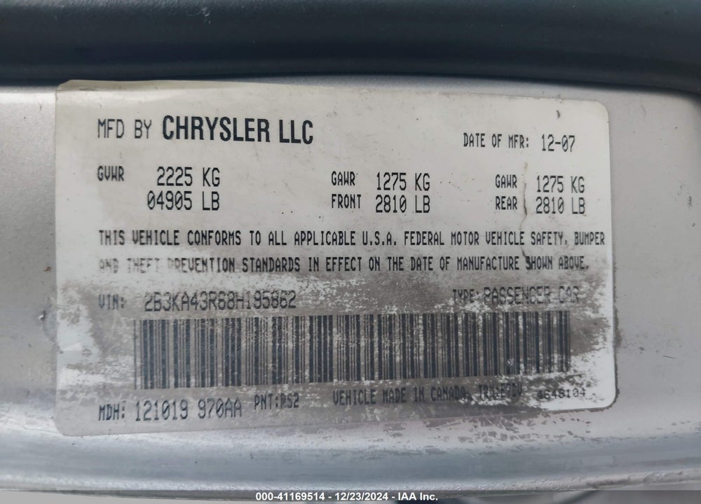 2008 DODGE CHARGER VIN: 2B3KA43R68H195862