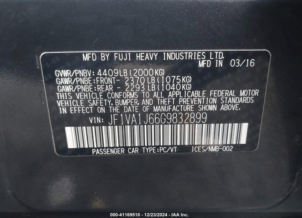 2016 SUBARU WRX VIN: JF1VA1J66G9832899