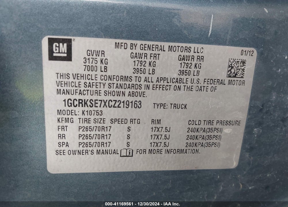 2012 CHEVROLET SILVERADO 1500 LT VIN: 1GCRKSE7XCZ219163