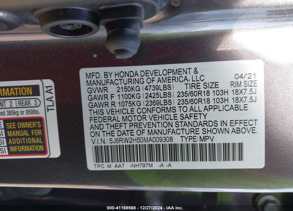 2021 HONDA CR-V AWD EX VIN: 5J6RW2H50MA009308