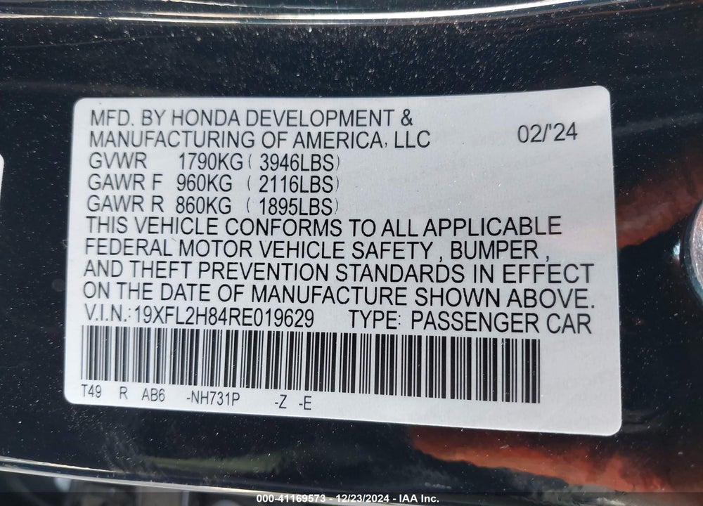 2024 HONDA CIVIC VIN: 19XFL2H84RE019629