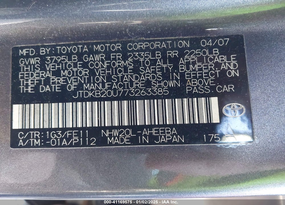 2007 TOYOTA PRIUS VIN: JTDKB20U773263385