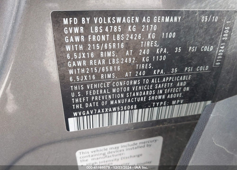 2010 VOLKSWAGEN TIGUAN S VIN: WVGAV7AXXAW536068