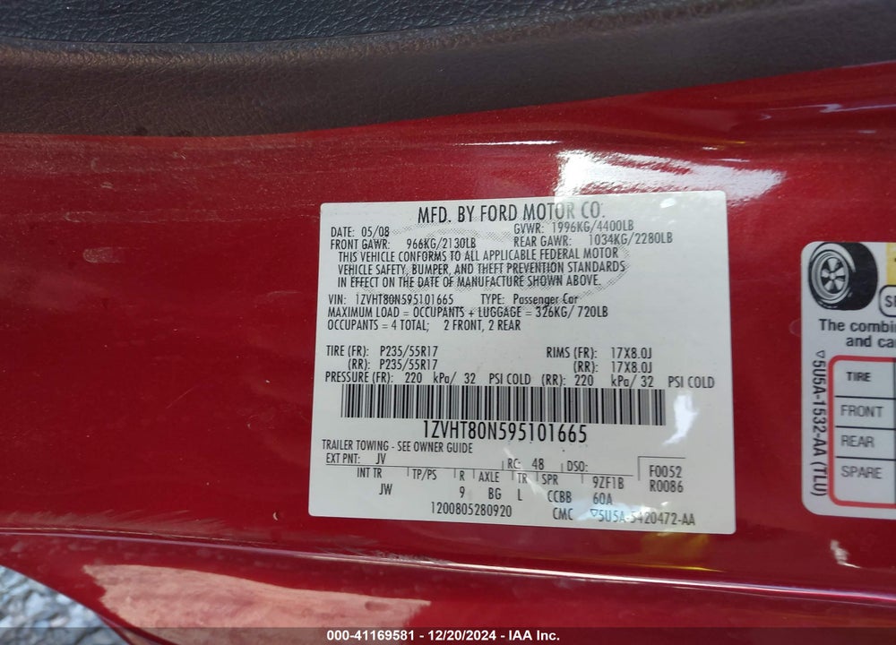 2009 FORD MUSTANG VIN: 1ZVHT80N595101665
