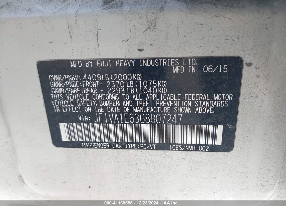 2016 SUBARU WRX PREMIUM VIN: JF1VA1E63G8807247