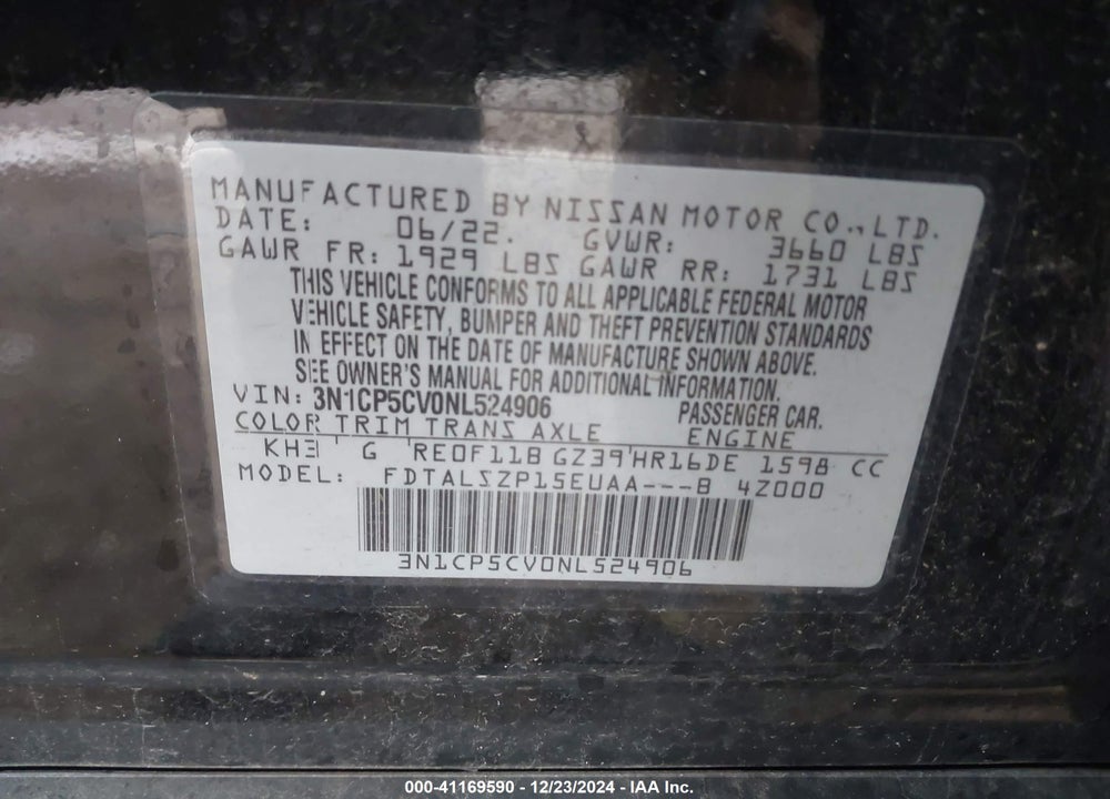 2022 NISSAN KICKS VIN: 3N1CP5CV0NL524906