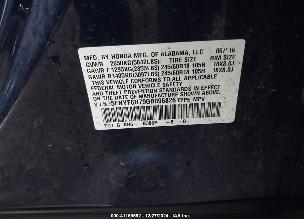 2016 HONDA PILOT EX-L VIN: 5FNYF6H79GB096826
