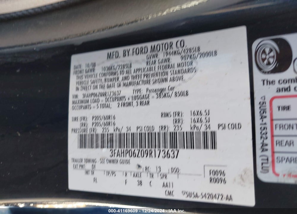 2009 FORD FUSION S VIN: 3FAHP06Z09R173637
