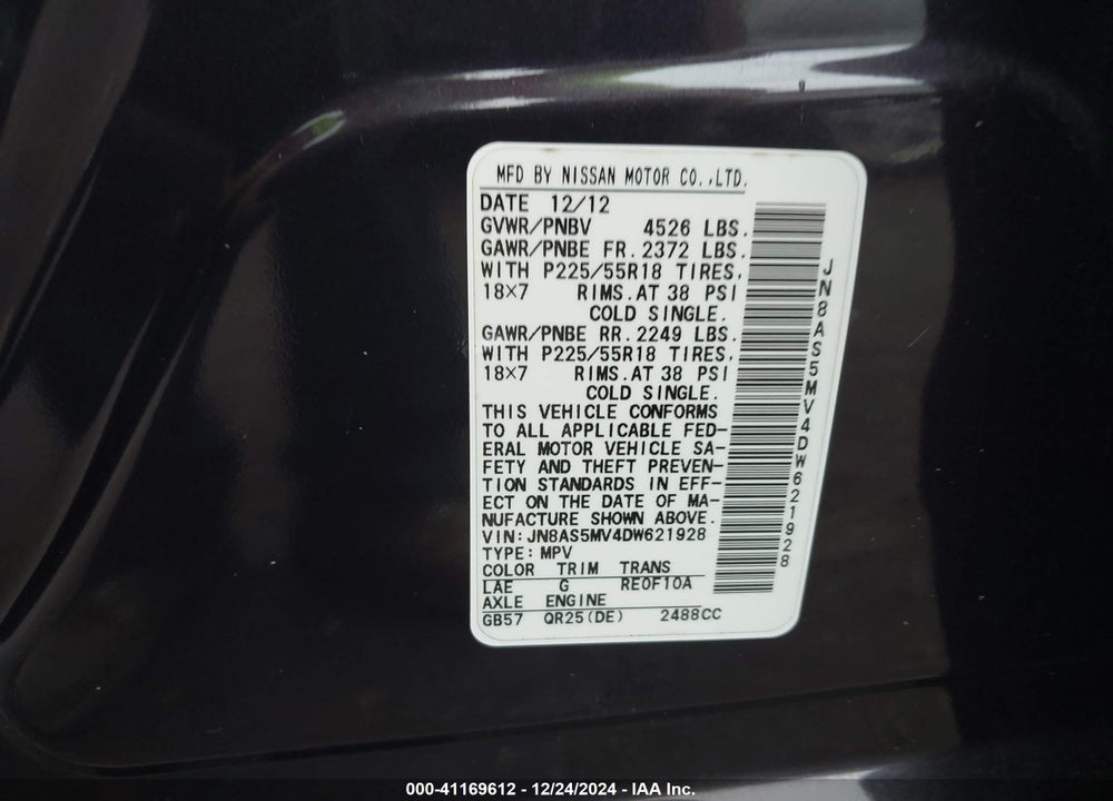 2013 NISSAN ROGUE SV W/SL PKG VIN: JN8AS5MV4DW621928