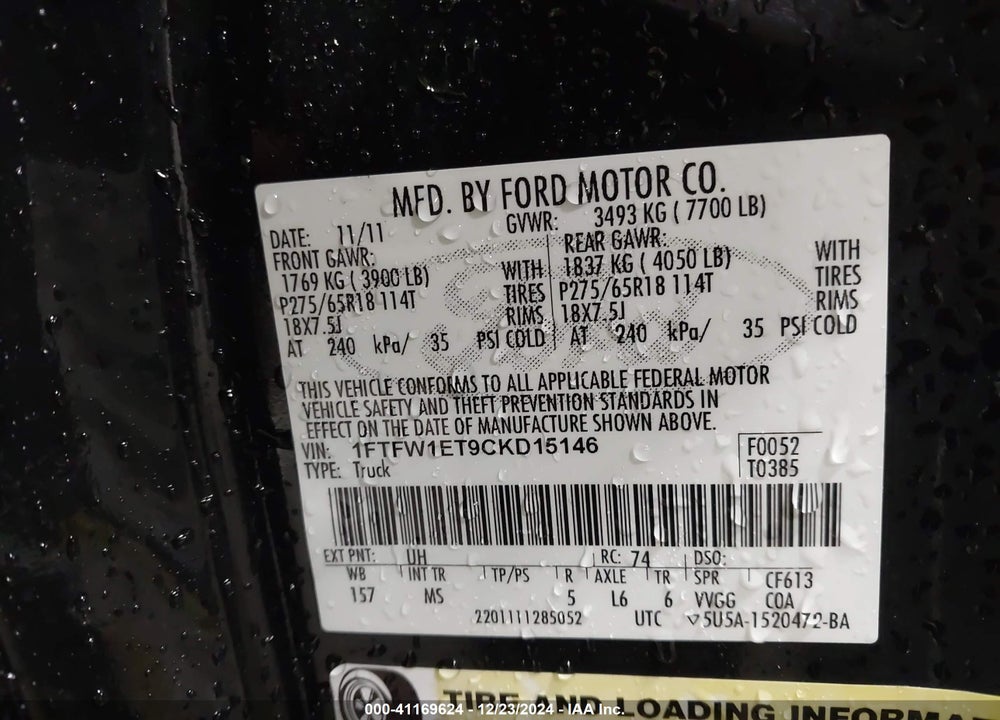 2012 FORD F-150 XLT VIN: 1FTFW1ET9CKD15146