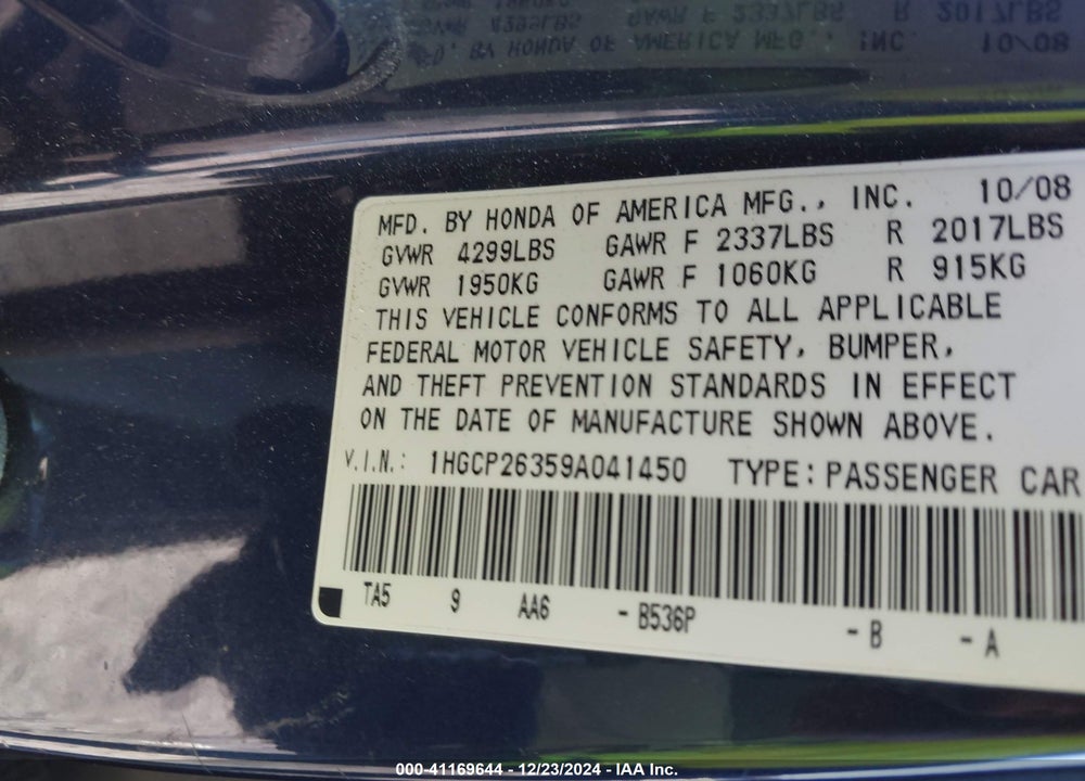 2009 HONDA ACCORD 2.4 LX VIN: 1HGCP26359A041450