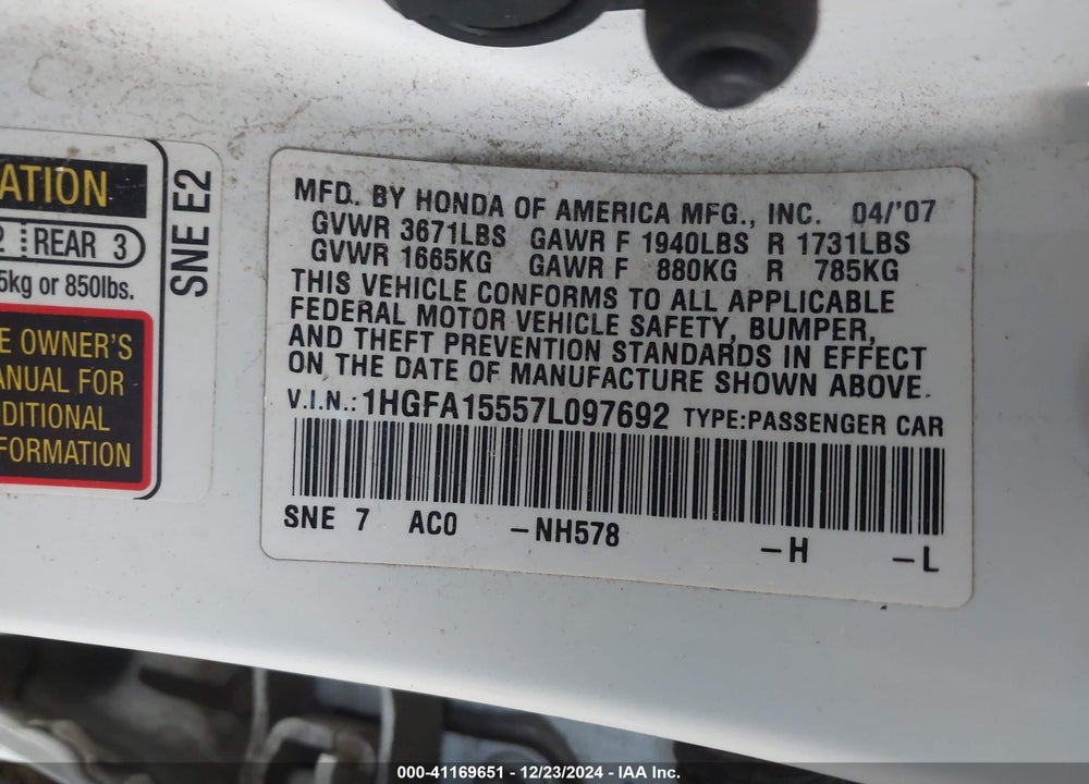 2007 HONDA CIVIC LX VIN: 1HGFA15557L097692