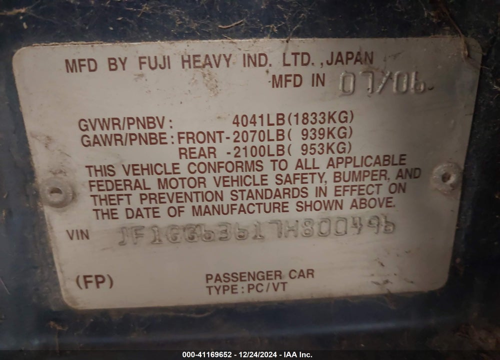 2007 SUBARU IMPREZA OUTBACK SPORT VIN: JF1GG63617H800496