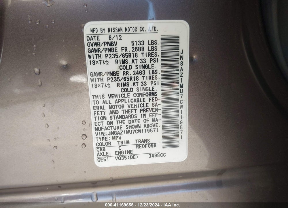 2012 NISSAN MURANO SL VIN: JN8AZ1MU7CW119571