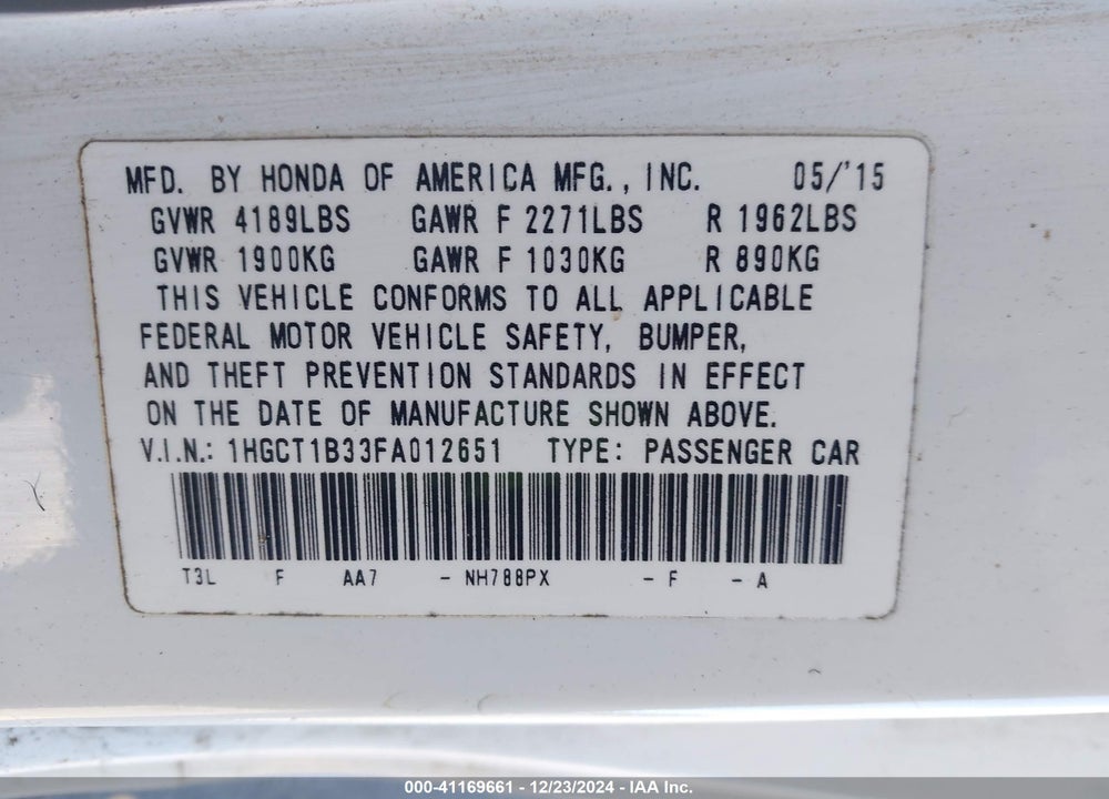 2015 HONDA ACCORD VIN: 1HGTT1B33FA012651