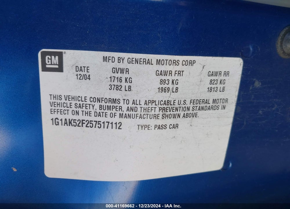 2005 CHEVROLET COBALT VIN: 1G1AK52F257517112
