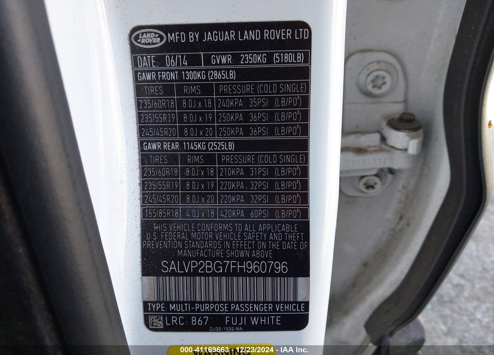 2015 LAND ROVER RANGE ROVER EVOQUE VIN: SALVP2BG7FH960796