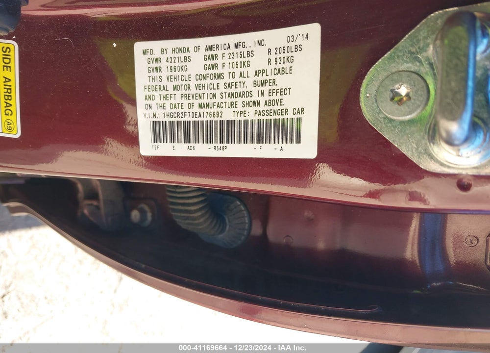 2014 HONDA ACCORD EX VIN: 1HGCR2F70EA176892