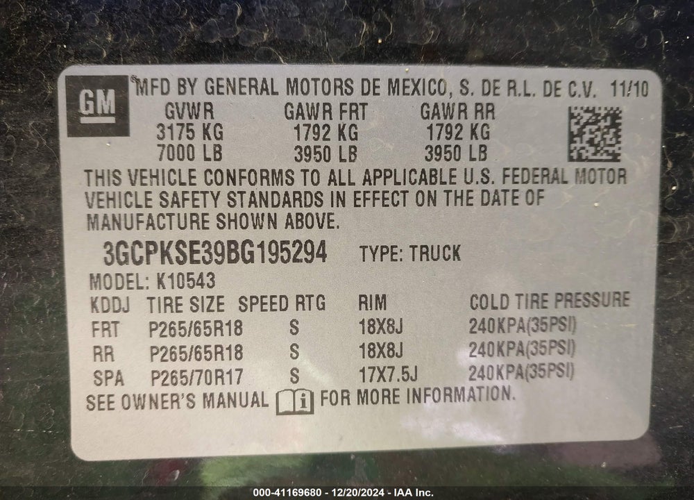 2011 CHEVROLET SILVERADO 1500 LT VIN: 3GCPKSE39BG195294