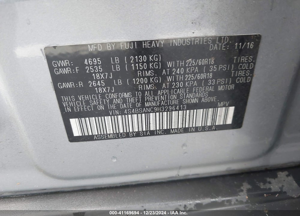2017 SUBARU OUTBACK 2.5I LIMITED VIN: 4S4BSANC9H3296413