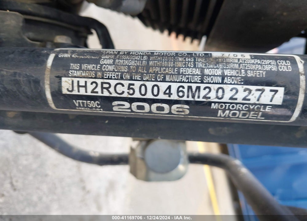 2006 HONDA VT750 C VIN: JH2RC50046M202277