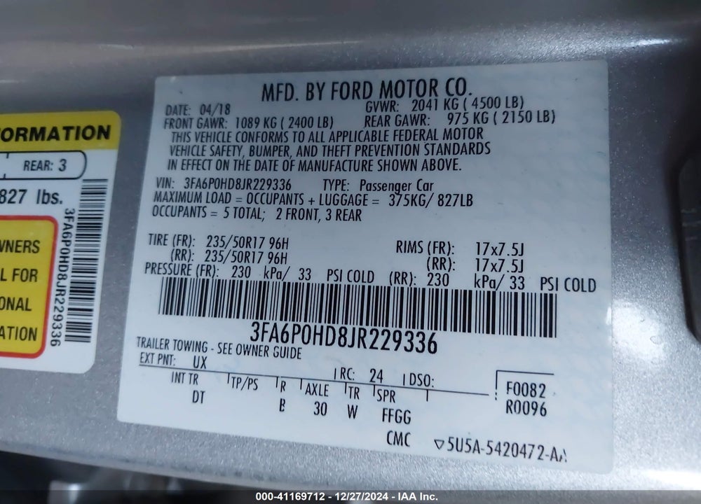 2018 FORD FUSION VIN: 3FA6P0HD8JR229336