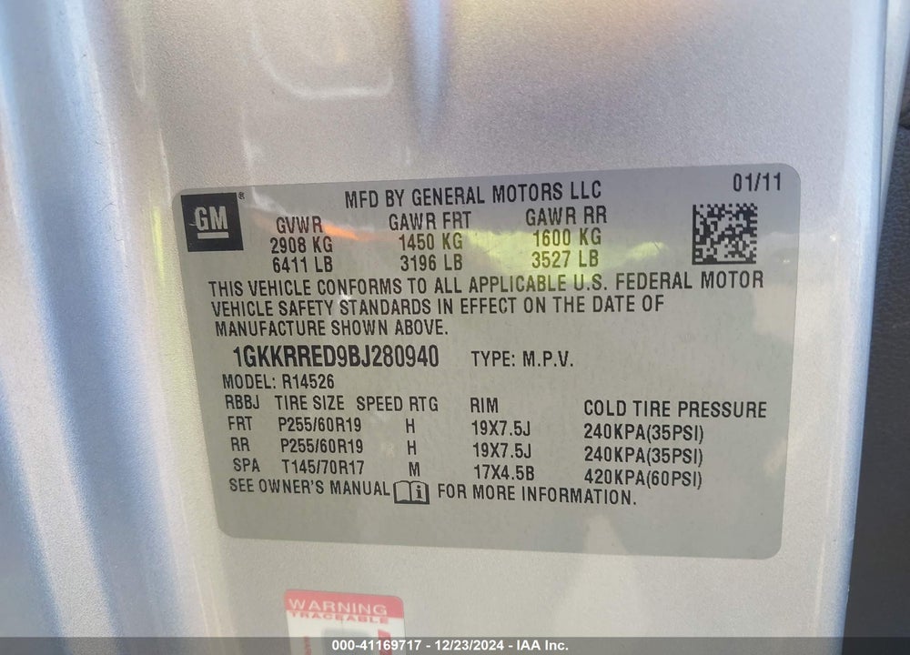 2011 GMC ACADIA SLT-1 VIN: 1GKKRRED9BJ280940