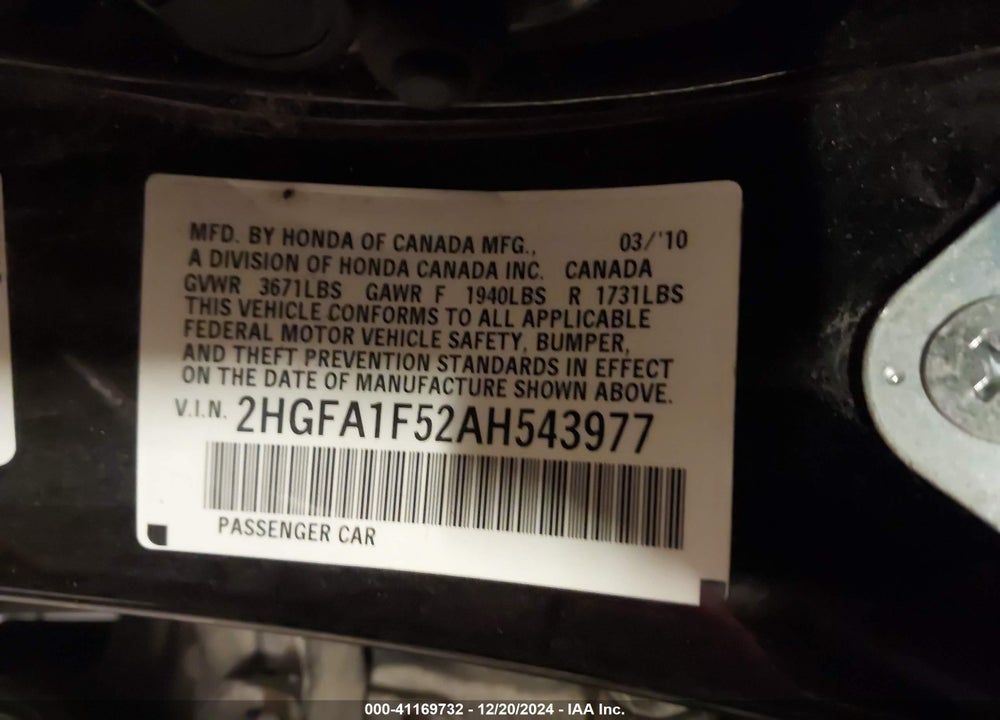 2010 HONDA CIVIC VIN: 2HGFA1F52AH543977