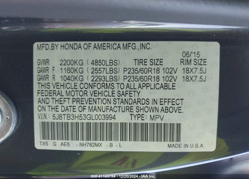 2016 ACURA RDX TECHNOLOGY   WATCH PLUS PACKAGES/TECHNOLOGY PACKAGE VIN: 5J8TB3H53GL003994