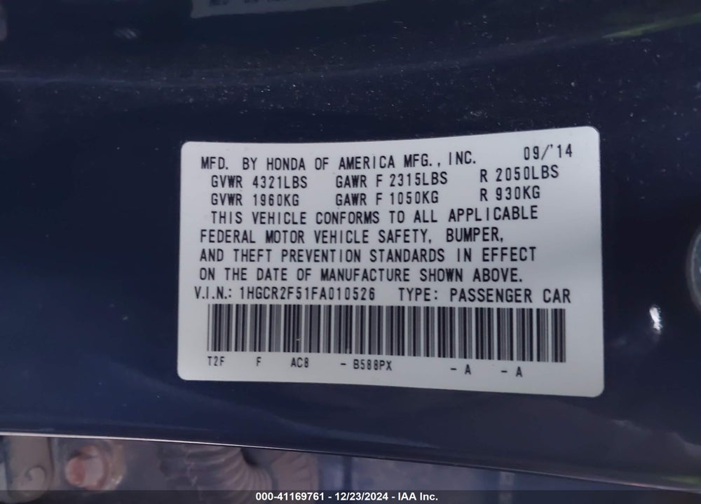 2015 HONDA ACCORD VIN: 1HGCR2F51FA010526