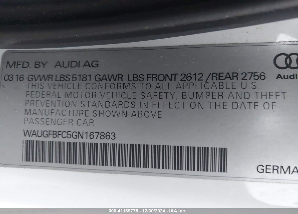 2016 AUDI A6 VIN: WAUGFBFC5GN167863
