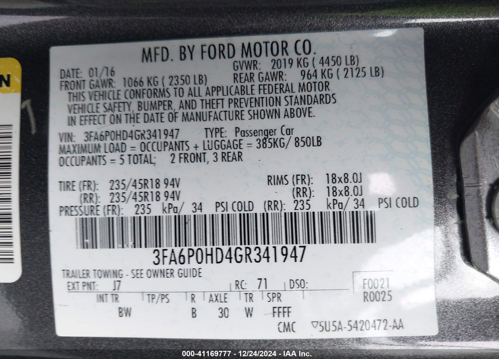2016 FORD FUSION SE VIN: 3FA6P0HD4GR341947