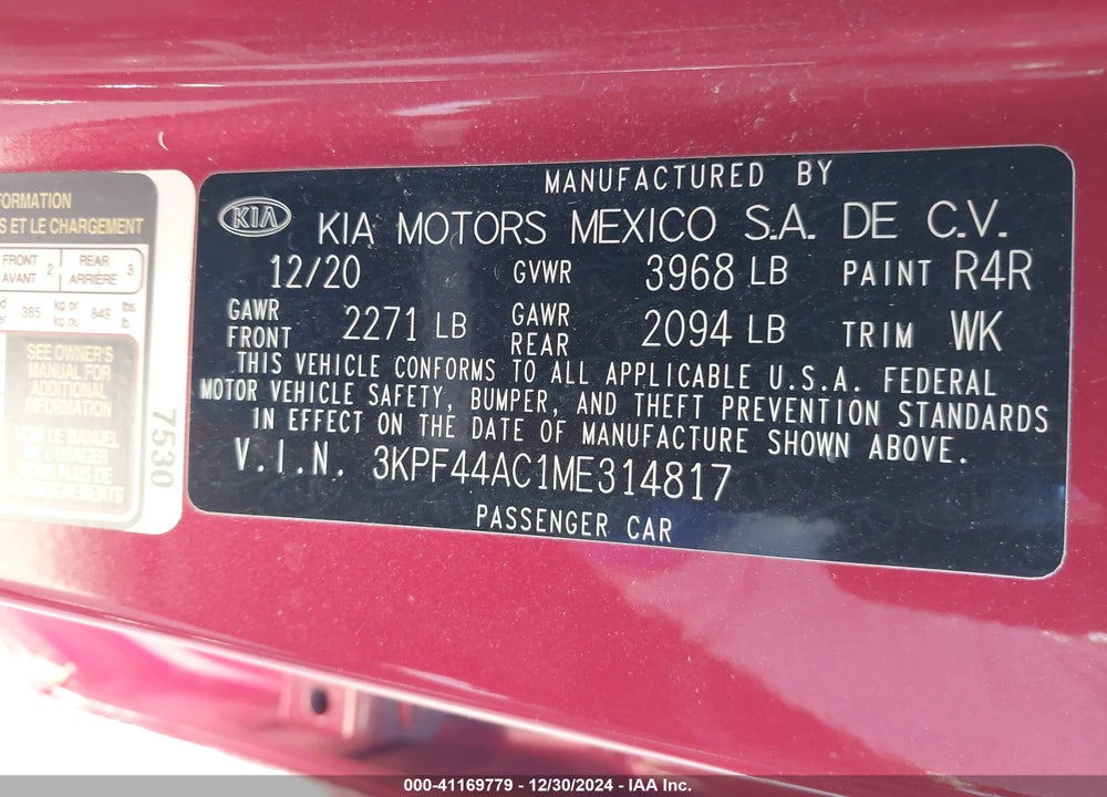 2021 KIA FORTE VIN: 3KPF44AC1ME314817