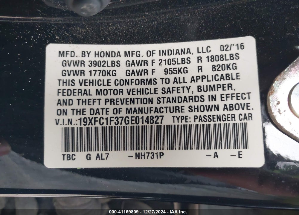 2016 HONDA CIVIC EX-T VIN: 19XFC1F37GE014827