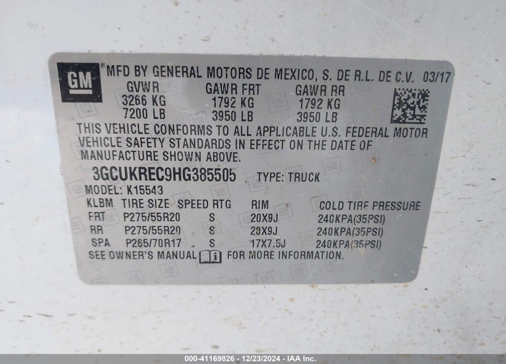 2017 CHEVROLET SILVERADO 1500 2LT VIN: 3GCUKREC9HG385505