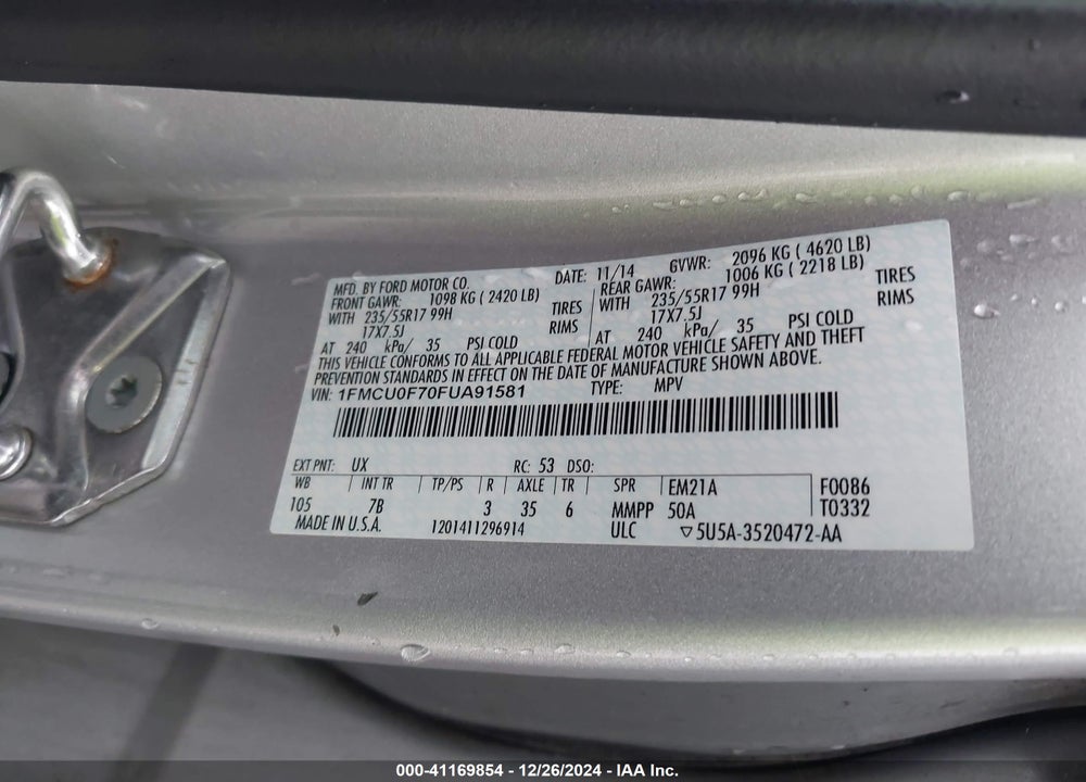 2015 FORD ESCAPE S VIN: 1FMCU0F70FUA91581