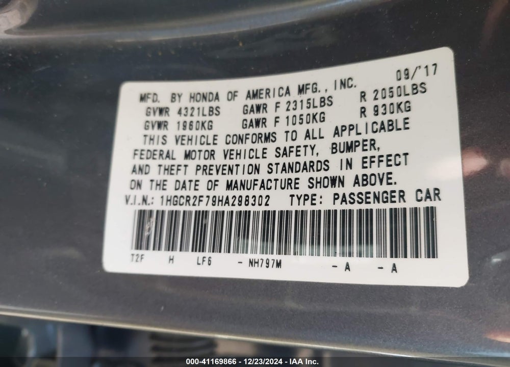 2017 HONDA ACCORD VIN: 1HGCR2F79HA298302