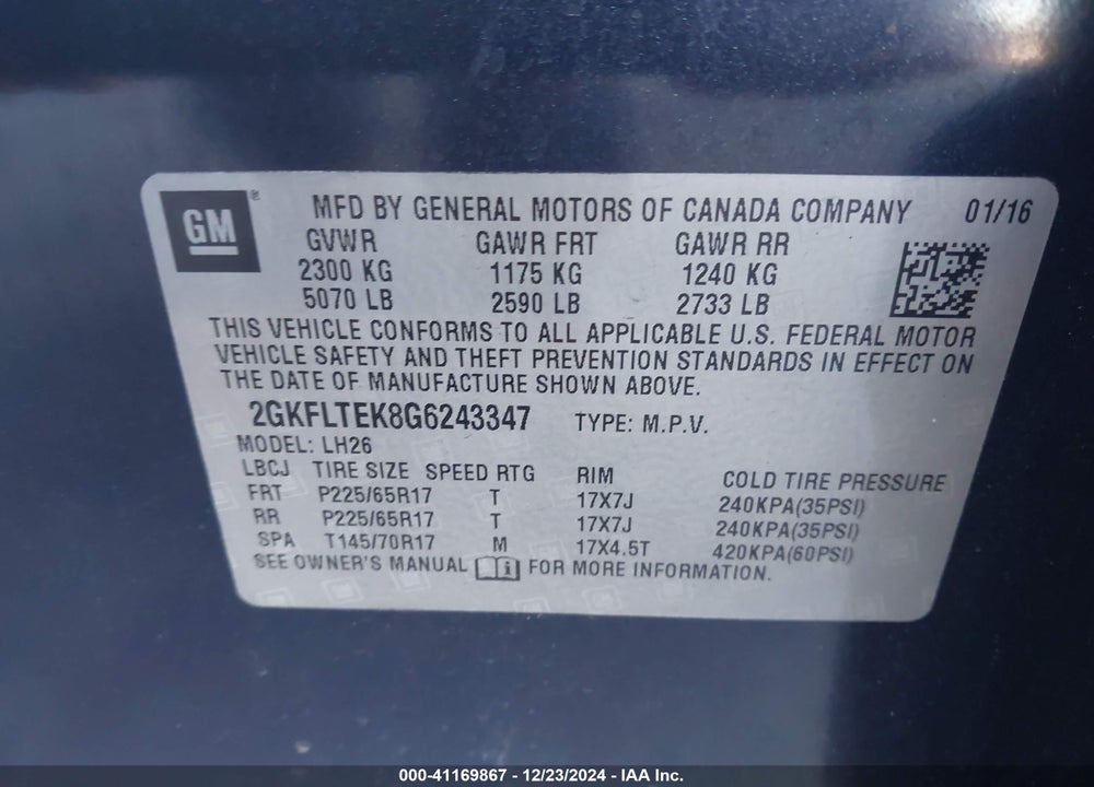 2016 GMC TERRAIN SLE-2 VIN: 2GKFLTEK8G6243347