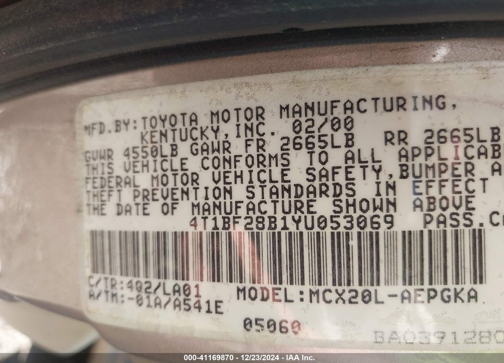 2000 TOYOTA AVALON XLS VIN: 4T1BF28B1YU053069