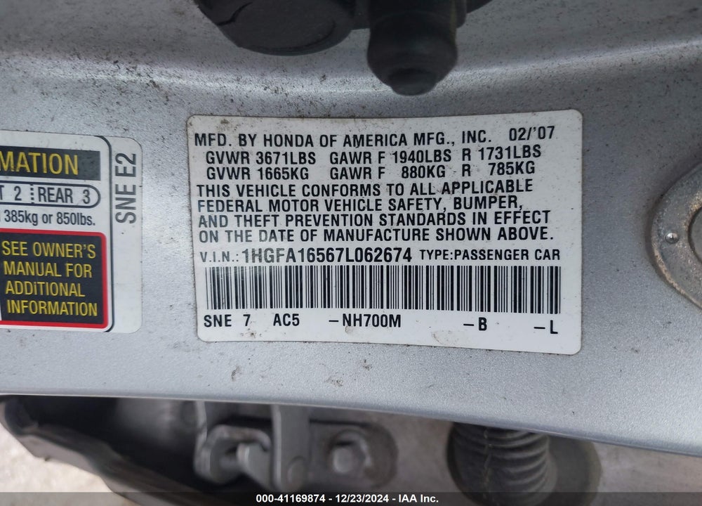 2007 HONDA CIVIC LX VIN: 1HGFA16567L062674