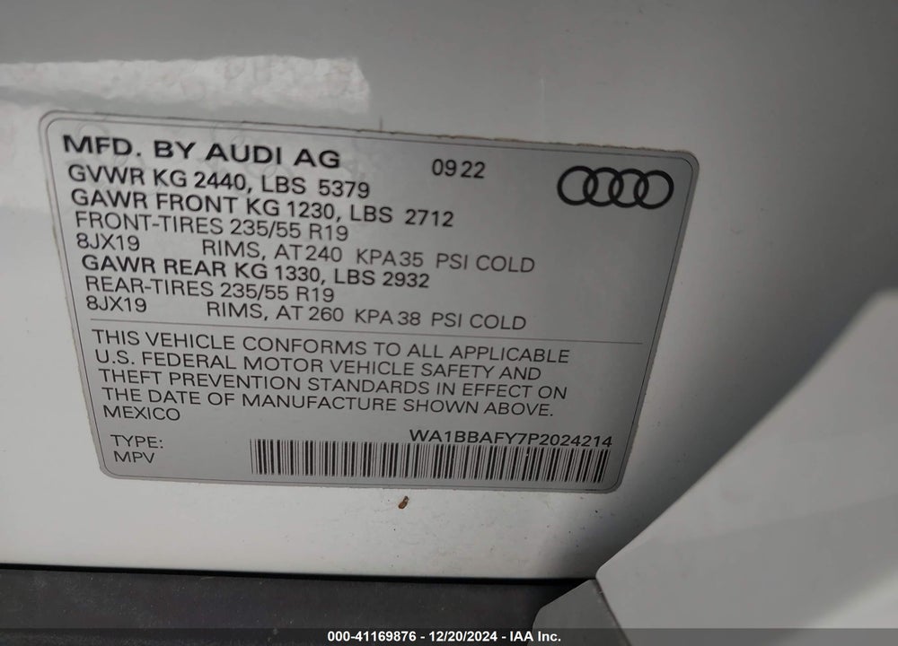 2023 AUDI Q5 VIN: WA1BBAFY7P2024214