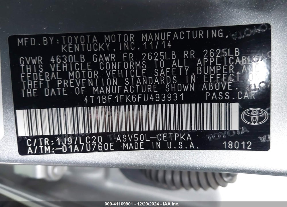 2015 TOYOTA CAMRY VIN: 4T1BF1FK6FU493931