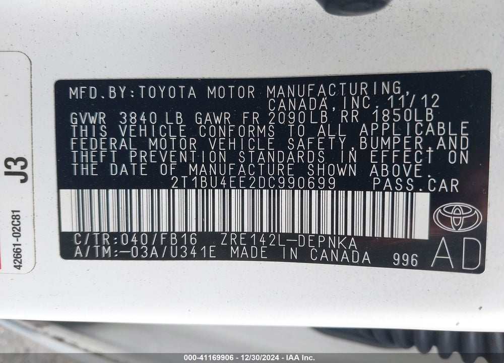 2013 TOYOTA COROLLA VIN: 2T1BU4EE2DC990699