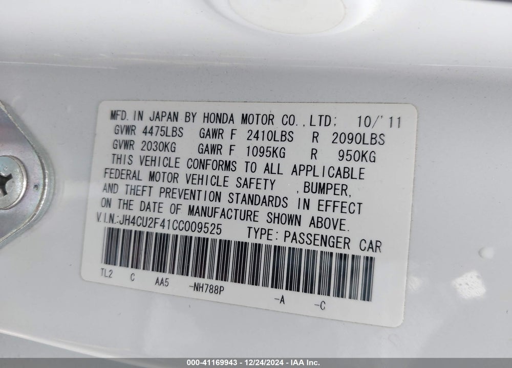 2012 ACURA TSX 2.4 VIN: JH4CU2F41CC009525