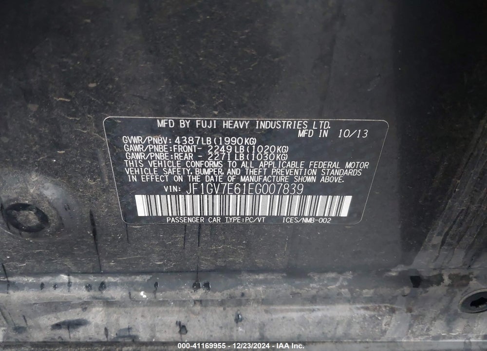 2014 SUBARU IMPREZA WRX VIN: JF1GV7E61EG007839
