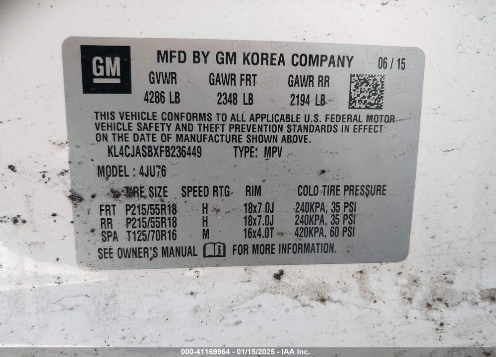 2015 BUICK ENCORE VIN: KL4CJASBXFB236449