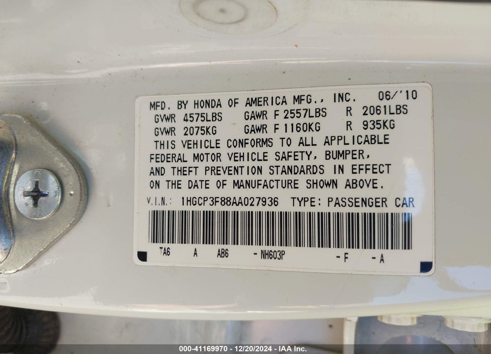 2010 HONDA ACCORD 3.5 EX-L VIN: 1HGCP3F88AA027936
