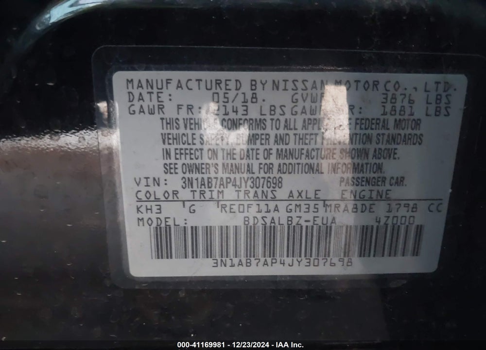 2018 NISSAN SENTRA VIN: 3N1AB7AP4JY307698